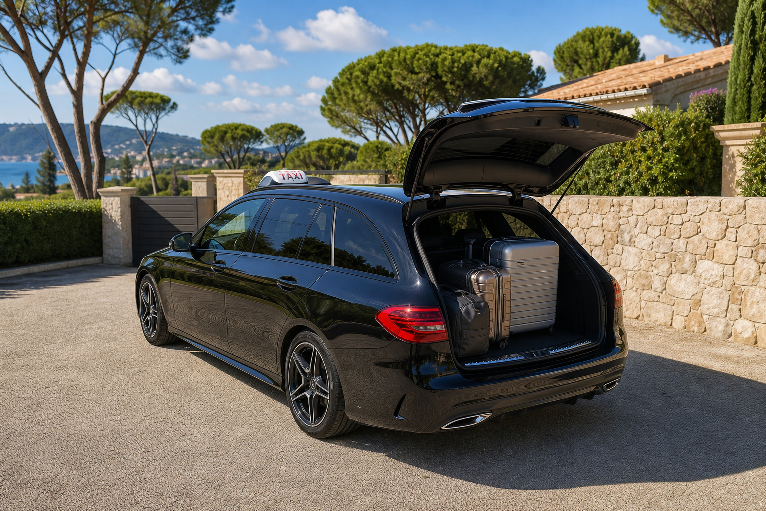 Mercedes break taxi Vallauris — coffre adapté aux bagages aéroport Nice